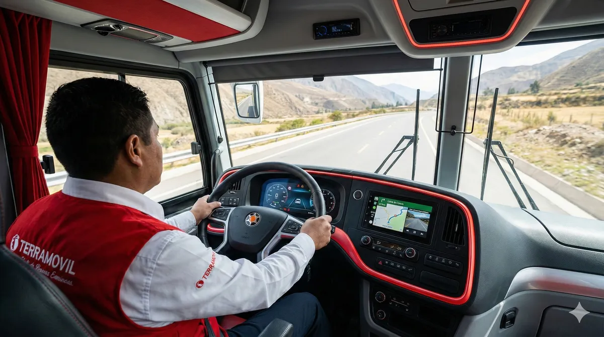 Conductor profesional de Terramovil operando bus de alta tecnología